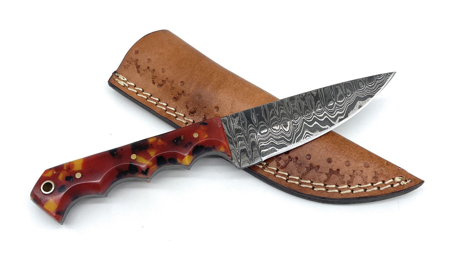 8" Overall Handmade Damascus Knife with Real Wood or Bone Handle with Leather Sheath
