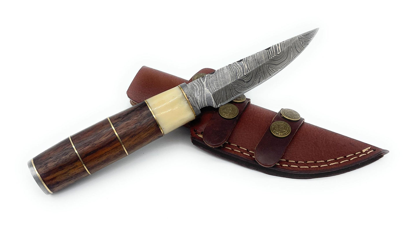 8" Overall Handmade Damascus Knife with Real Wood or Bone Handle with Leather Sheath