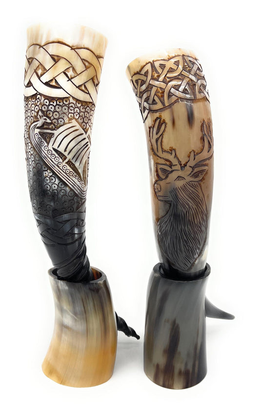 Sanctuary Traders Viking Drinking Horn with Stand | Nordic Horn | Genuine Ox Horn | 12-16 oz Drinking Horn