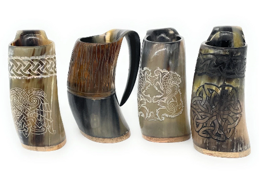 Viking Horn Drinking Mug | Beer Stein | Nordic Tankard | Genuine Ox Horn | 12-16oz Mug - 1 piece set